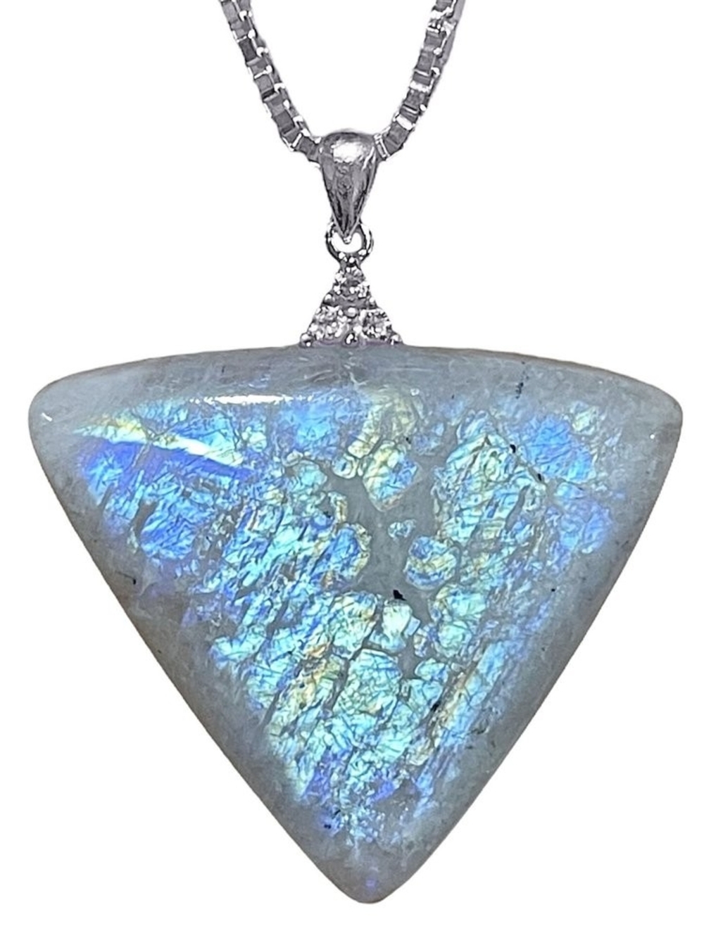 Handmade Blue Flash Rainbow Moonstone Triangle Sterling Silver Pendant